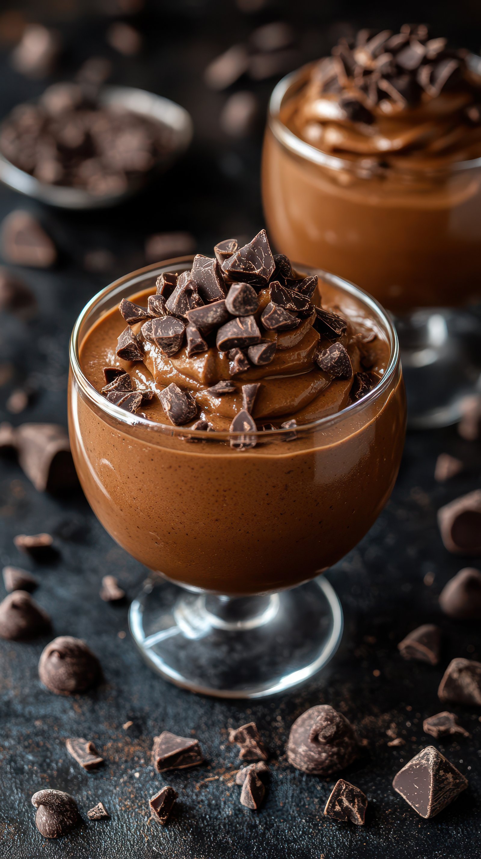 Rich chocolate mousse topped with chocolate shavings served in elegant glass cups on a dark background